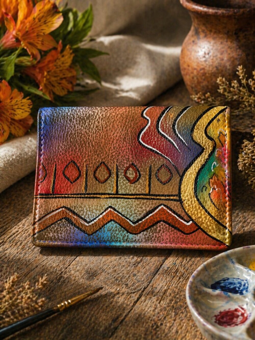 Anuschka Hand-Painted Leather Card Case Wallet - Multicolor Boho - NWOT